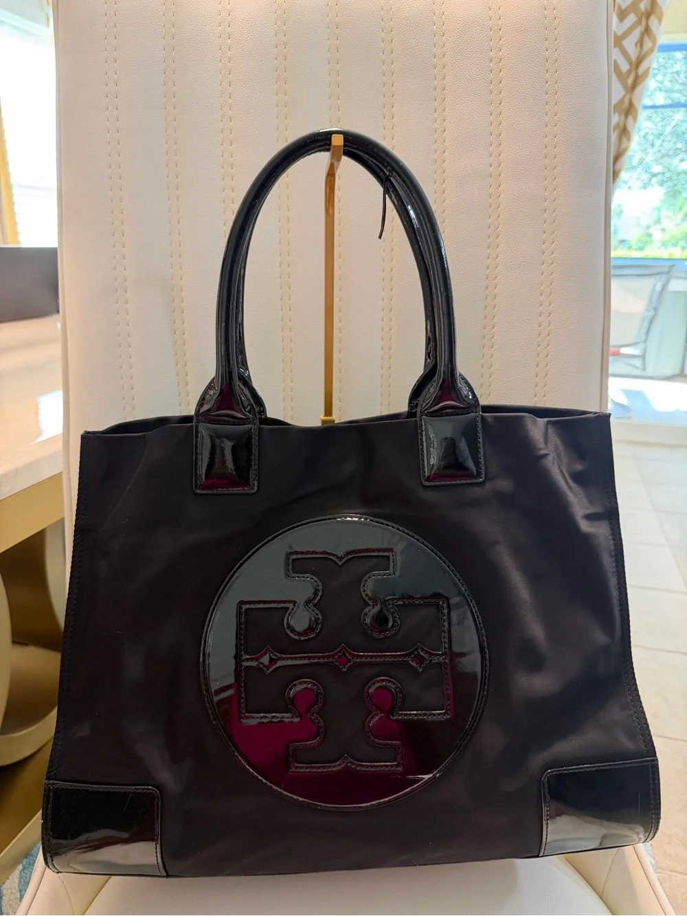 Tory Burch Black Nylon Tote with Patent Logo